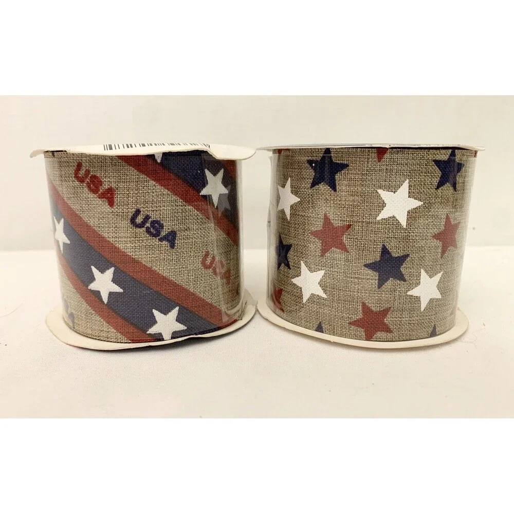 (2) Lot New PATRIOTIC Nylon Ribbon Stars USA 4th America Gift Wrapping 9 Ft Each
